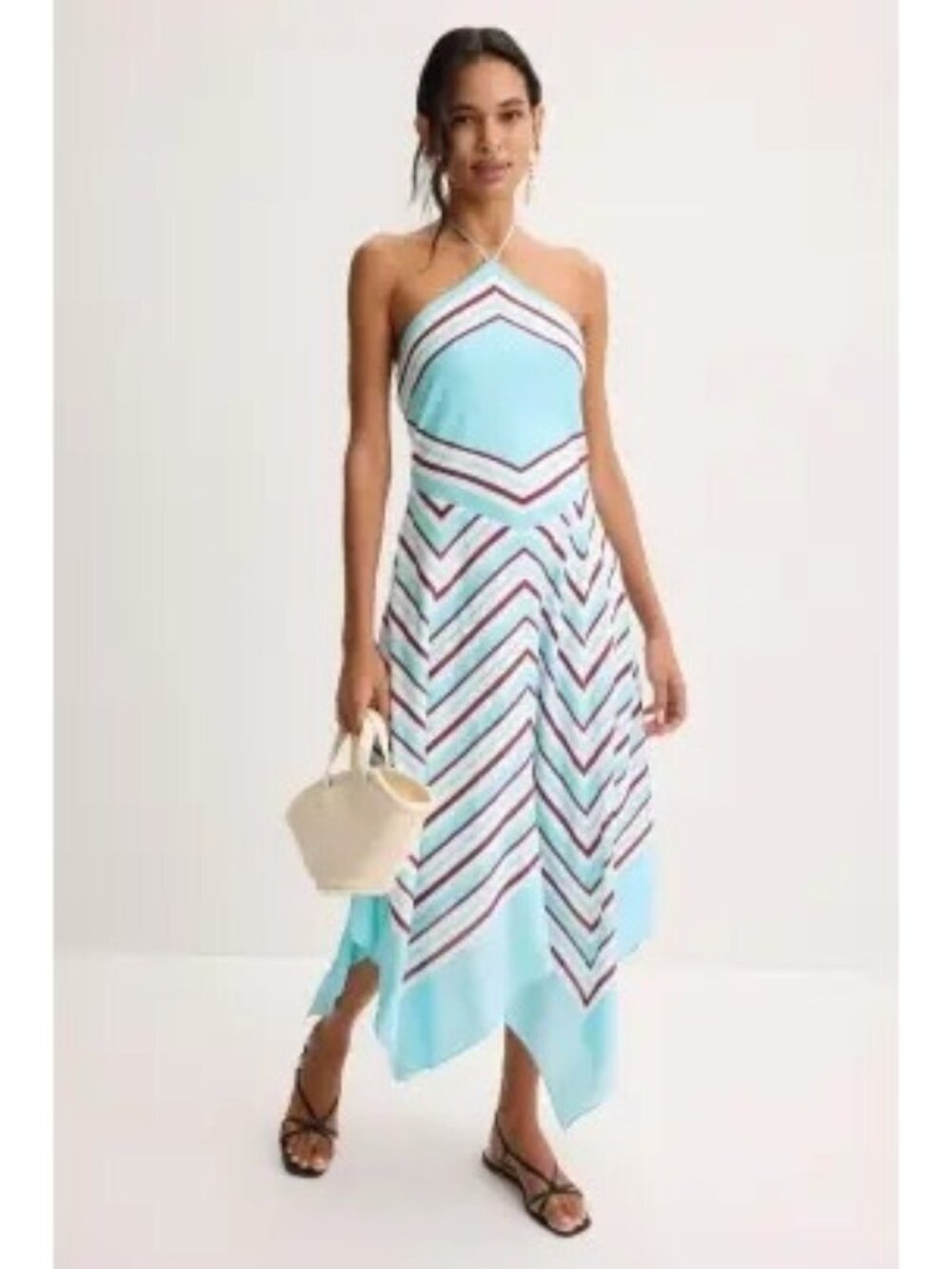 Light Blue Striped Halter Midi Dress
